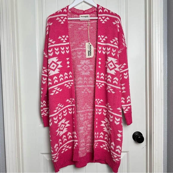 Saving Jane western chic pink and white tribals knit open front cardigan small - Picture 2 of 7